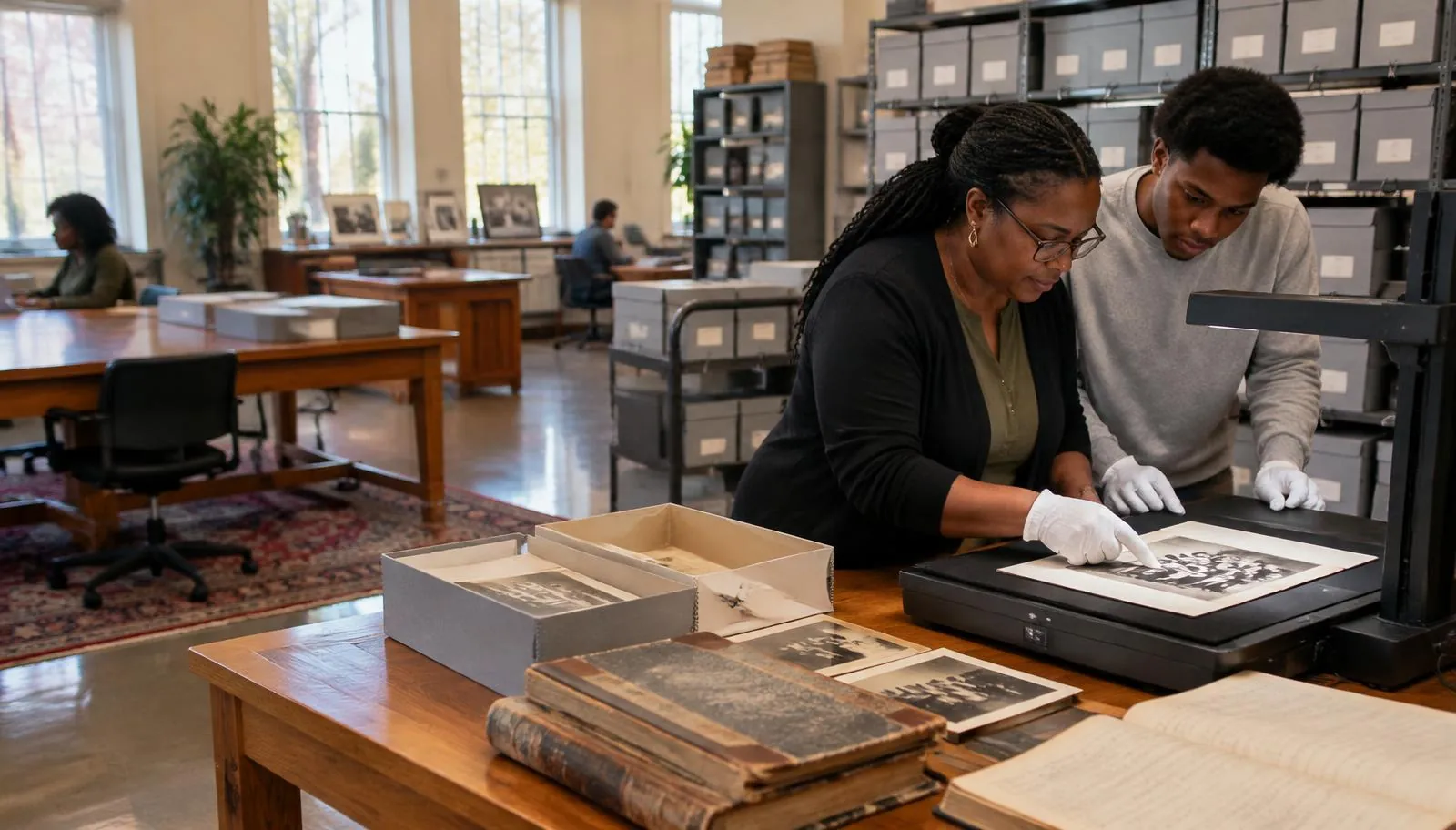 Illustrative archive workspace with digitization equipment and historical materials